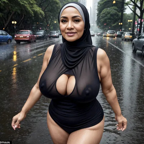 56 years Old, Indonesian Hijab milf, Ultra Droopiest gigantic saggiest longest mature tits : 96.9, wearing tight Tank top, No Wearing Bra, her Gigantic breast Burst Out, Busty body, Wet body, rainy atmosphere, heavy rain, at central park, full body, gravur...