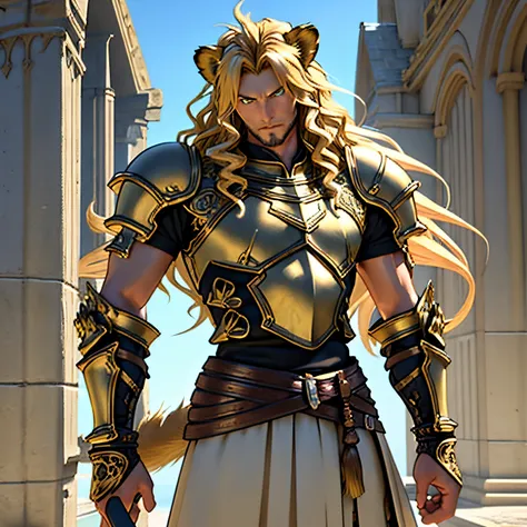 fantasy armor, one male, lion ears, long hair, blond, blond hair, green eyes, tall, muscular, beautiful face, highest quality, m...