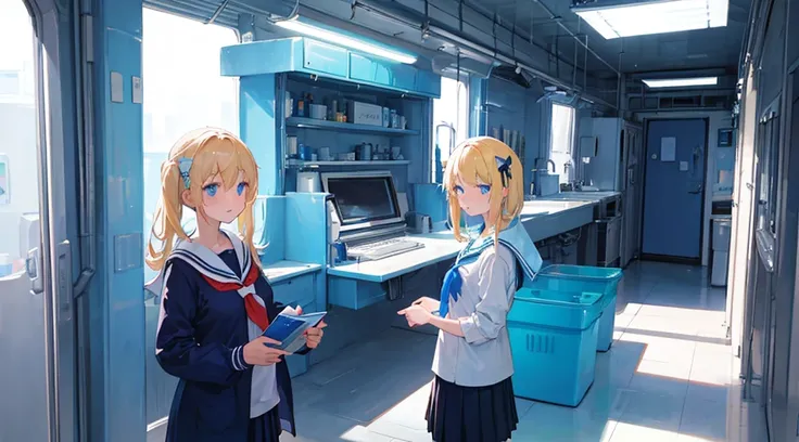 (2 girls, blonde hair, blue eyes, sailor suit, break time) , (blue cyberpunk room, blue neon)