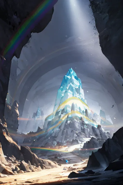 Within a dark crystal cave with an opening at the top, zenithal lighting, bright crystal gently illuminating, (dramatic light:1.3), translucent crystal, rainbow crystal, colorful crystal, (masterpiece), cinematic rendering, sharp focus, Landscape, wide sho...