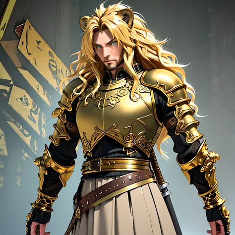 Fantasy armor, One male, lion ears, long hair, blond, blond hair, green eyes, tall, muscular, beautiful face, highest quality, masterpiece, 3d, anime, perfect face, highest detail, feline eyes, stubble, lion tail, wavy hair, full body shot, detailed face, ...