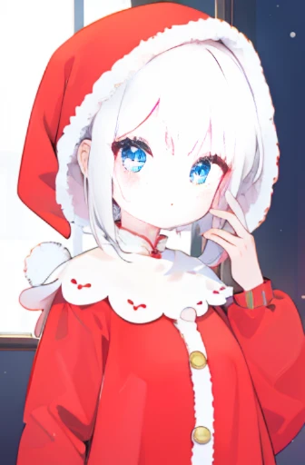 One girl、White hair、Bob Hare、santa clothes、Red dress、Blue eyes、cute little、​masterpiece、Top image quality、top-quality