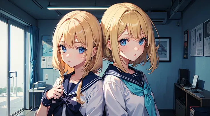 (2 girls, blonde hair, blue eyes, sailor suit, break time) , (blue cyberpunk room, blue neon)