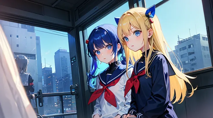 (2 girls, blonde hair, blue eyes, sailor suit, break time) , (blue cyberpunk room, blue neon)