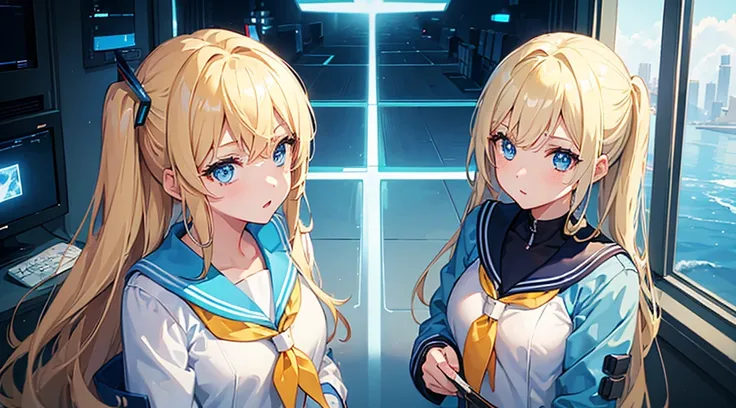 (2 girls, blonde hair, blue eyes, sailor suit, break time) , (blue cyberpunk room, blue neon)