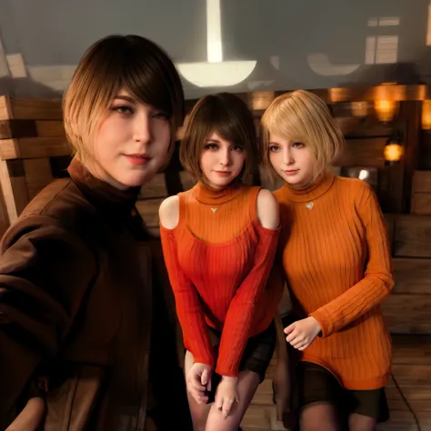 orange sweater dress, hand holding a cellphone