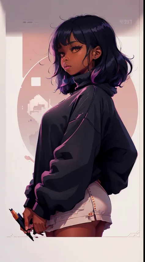 Black female. 1 girl, wearing a blank oversized heavy cotton pink , gen-z style, small crew neck, colorful background, ultra hd, realistic, vivid colors, highly detailed, UHD drawing, pen and ink, perfect composition, beautiful detailed intricate insanely ...