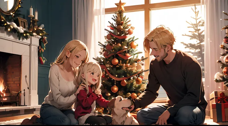 Create a happy family in your home this Christmas season. The house has a fireplace that has a fire, a Christmas tree, a large window that allows you to see the snow and the pine trees. In this family we have the father, the mother with blonde hair, a daug...