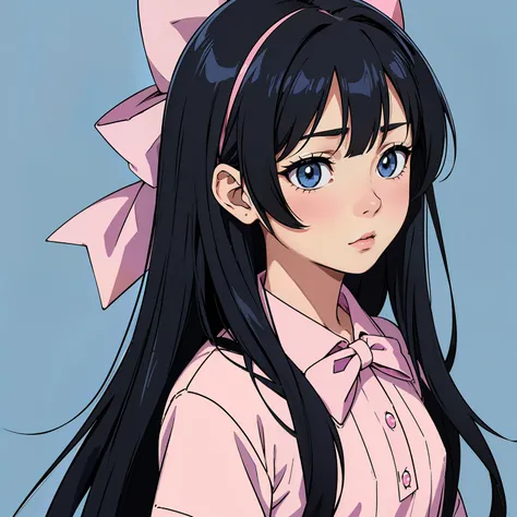 (Best Quality, Sharp anime eyes), detailed anime, blue background, closeup, straight long hair,hair bow,pixelated,blush,luca (kuruton486),black hair bow,highres,1girl,letterboxed,solo,kuruton486,pink casual shirt,blue eyes,shirt,parted bangs