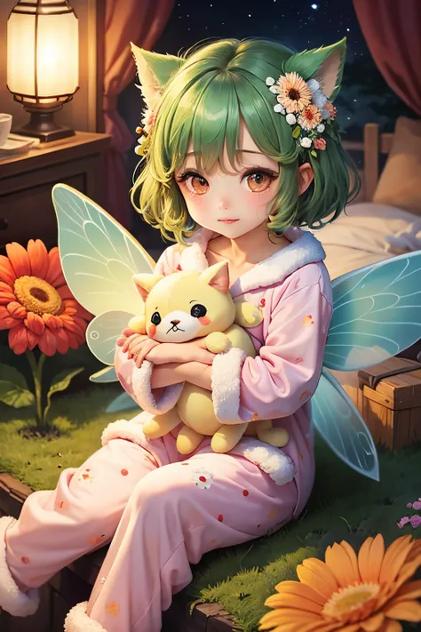 ​masterpiece、top-quality、ultra-detailliert、（Chibi Chara Fairy：1.3）、Wearing fluffy pajamas、Gerbera flowers、closing eye、Good night、fairy tale forest/