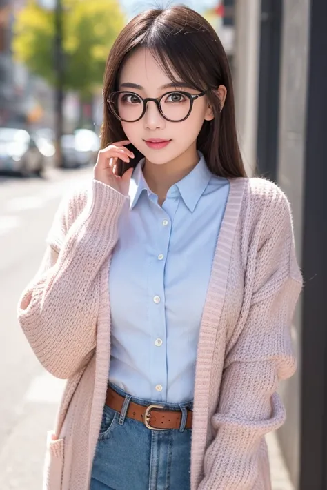 1girl,cute girl wearingwearing glasses,NSFW, masutepiece, Best Quality, 8K,The cutest face,detailed face,ultra-realistic, perfect limbs, perfect anatomy,clothed,((Wearing a cardigan))、pastel clothing、In front of the station at noon