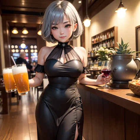 ​masterpiece、top-quality、ultra-detailliert、(Daughter of one chibi character:1.27)、Gray Hair Bob、wraith、holding a mug of frothy beer、Holding a wine glass、Enjoy tropical cocktails、A smile、Full-body standing figure、Night Bar Counter