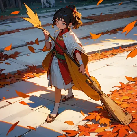 A teenager，Wearing ancient costumes，Sweeping leaves on the ground