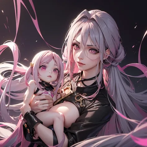 (tmasterpiece:1.3), (8K, realistically, , Best quality: 1.4), (1 Sister), Nice face,  (with pink hair, Long gray hair:1.3), Beautiful hairstyle, photorealistic eye, beautidful eyes, Beautiful skins,   超高分辨率, hyper realisitc, Very meticulous, the golden rat...