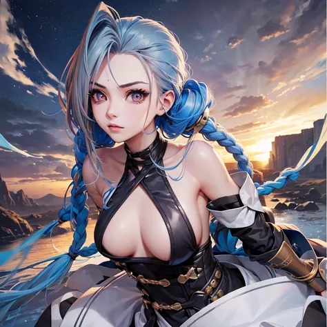 (tmasterpiece:1.3), (8K, realistically, , Best quality at best: 1.4), (1 Sister), Nice face,  (Blue hair, Long gray hair:1.3), Twist braideautiful hairstyle, photorealistic eye, beautidful eyes, Beautiful skins,   超高分辨率, hyper realisitc, Very meticulous, t...