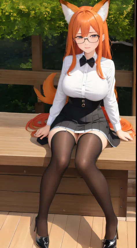 anime girl, 1 person, orange hair, glasses, Crown,maid,fox ear, Foxs tail, front view, big breasts, tights, sitting on desk,exposed chest, underwear, maid suit, shy, blushing, lifting skirt , bright sky, sitting cross-legged, high heels,exposed chest, unde...