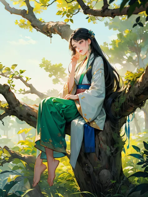 There  a man in emerald green fairy clothes leaning against a big tree, Antique costumes，Hanfu handover，long sleeve toga，Man has long black hair，High nose，largeeyelack eyes，slender eyebrow，Knife-like face，pretty，serious，sedaeaning against a thick branch, B...