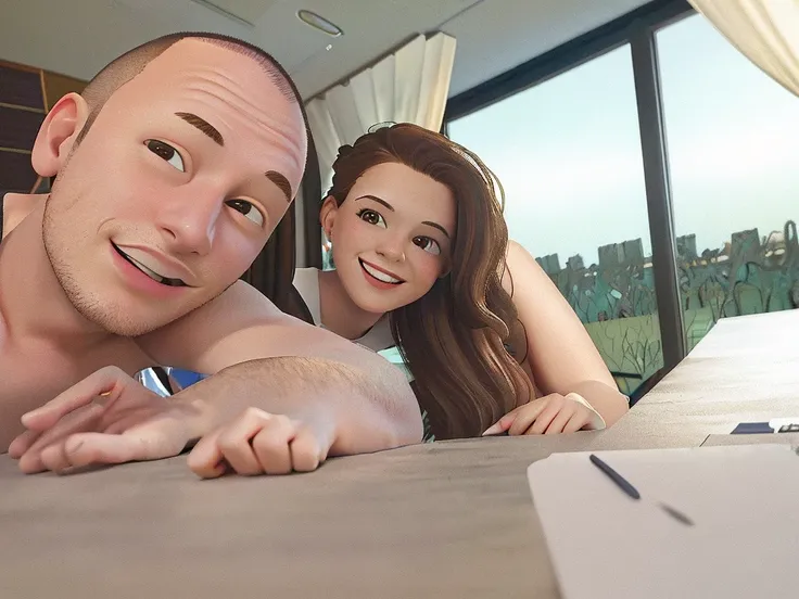 Masterpiece, Excellent, (Office: 1.8), CG drawing with super high detail, lying on bed, 2 young people, smiling, a woman with long brown hair,a man with no hair, illustration, wide angle panorama