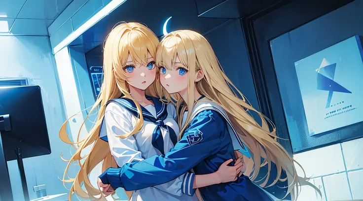 (2 girls, blonde hair, blue eyes, sailor suit, hug), (blue cyberpunk room, blue neon)