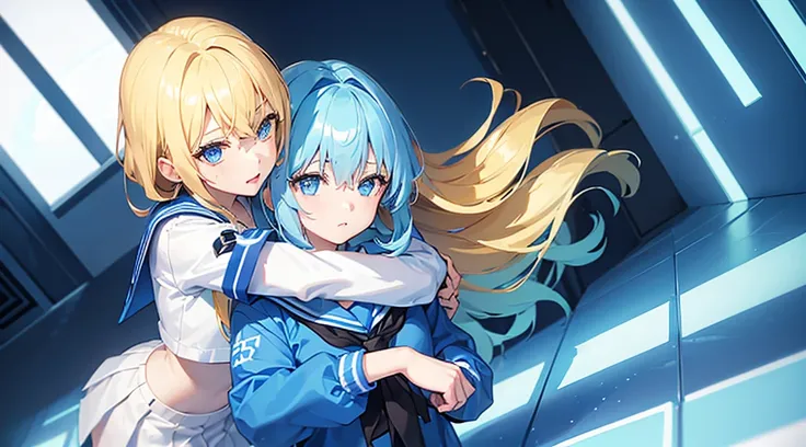 (2 girls, blonde hair, blue eyes, sailor suit, hug), (blue cyberpunk room, blue neon)