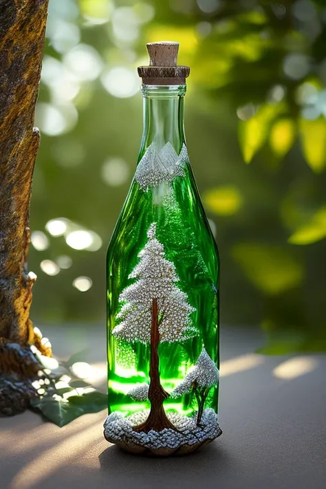 (best quality,4k,8k,highres,masterpiece:1.2),ultra-detailed,(realistic,photorealistic,photo-realistic:1.37),tree in a bottle,clear glass bottle holding a beautiful, fully grown tree with vibrant green leaves and intricate branches,fine details of the bark ...