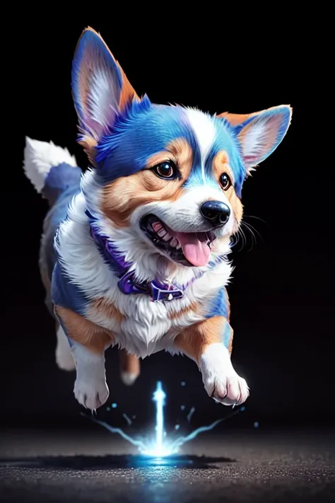 blue and purple corgi, with thin body, heroic view, fierce action, cinema style, internal glow