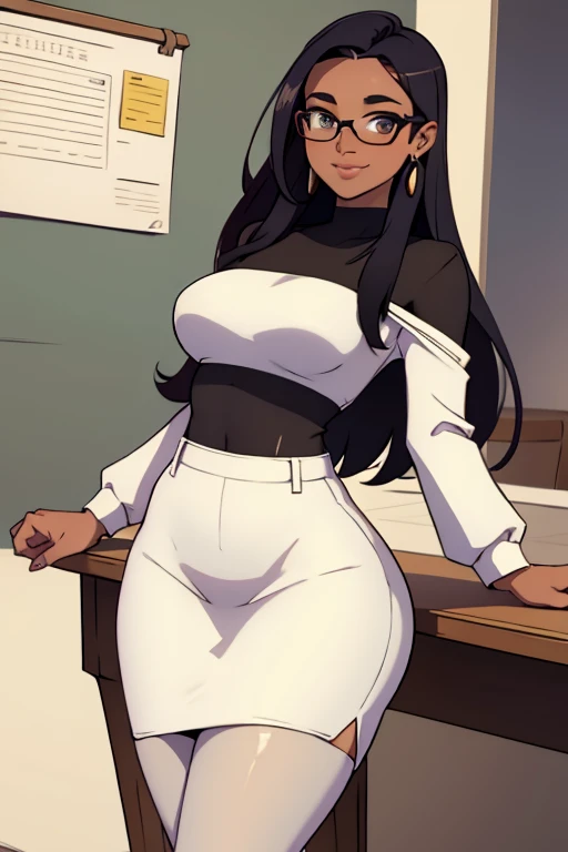 uma linda secretaria morena em pe dentro de um escritorio,usando saia curta apertada com sueter branco,meias pretas apertada,sexy usando oculos,morena sexy meias pretas longas,stocking black sexy, belo sorriso sedutora coxas lindas, belas coxas meias preta...