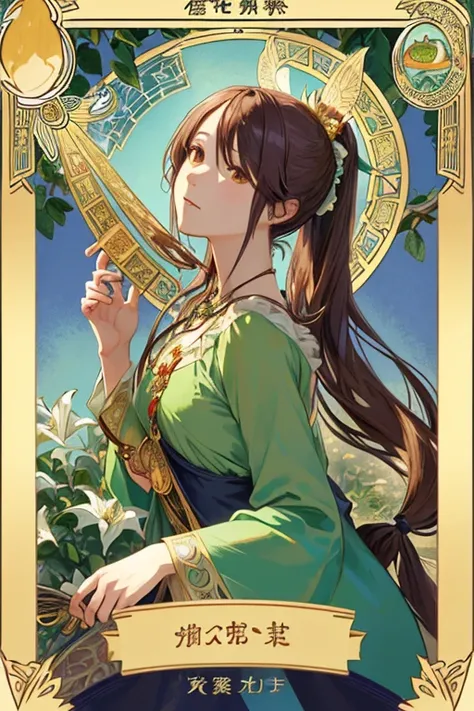 tmasterpiece、topquality、Alphonse Mucha、Jugendstil、
 (Tarot card style:1.3)、Unique Tarot Card Structure, including elements of flowers and greenery.、Long hair with pink double ponytails,,,、Upper torso、looking at the viewers、
In the middle of a green garden、...