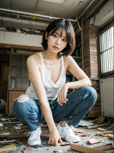 (top-quality), Realistic, (real picture, Intricate details), ((Japanese college girl squatting in an abandoned apartment building, hands behind hand:1.3)), ((white tank top, distressed denim pants)), (((Small chest:1.4))), Fair skin, shiny skin, ((messy bo...