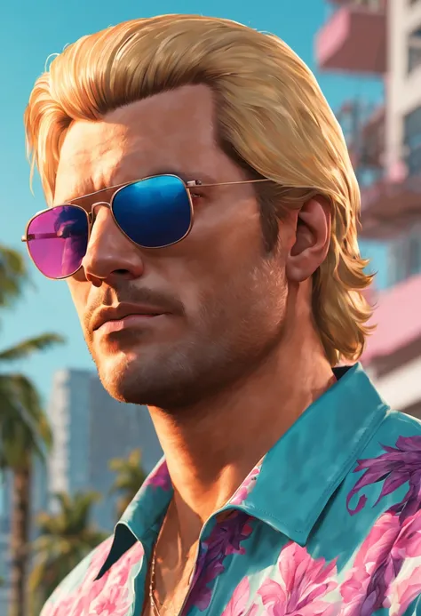 Close-up of a man with blond hair wearing sunglasses and a shirt, Arte no estilo GTA Vice Cidade, GTA Vice City art style, Estilo de arte de GTA 6, Arte GTA6, Estilo de jogo GTA V6, Supere o estilo de arte, Cinematografia colorida, Artistic GTA 6, Vice Cid...