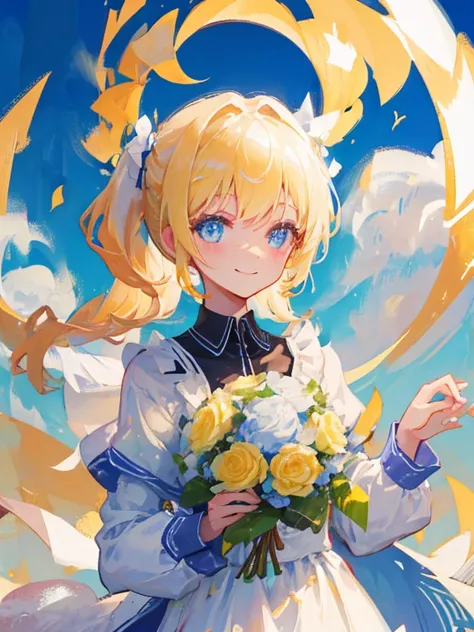 Girl, blond hair, pony tail, blue eyes, Beautiful eyes, Smile, Happy, whitedress, bouquet, holding with both hands, upper-body, on pastures, Golden Sky