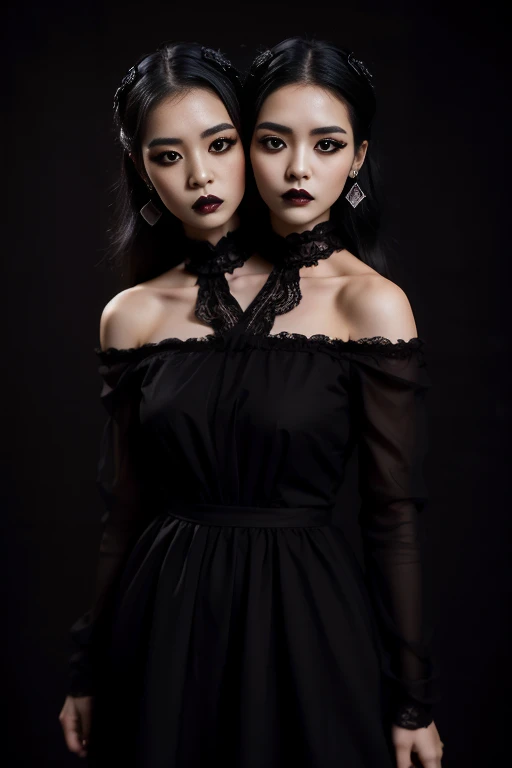 best resolution, 2 heads, japanese girl with two heads, goth, hiking trail background, black hair, round face, black eyeliner, black lipstick, 21 years old, youthful, fair skin, wearing a gothic dress, selfie shot