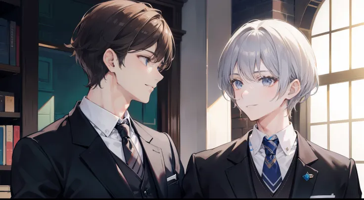 Two men in suits are smiling at each other. One is a brown-haired man, and the other is a short-haired man with silver hair.