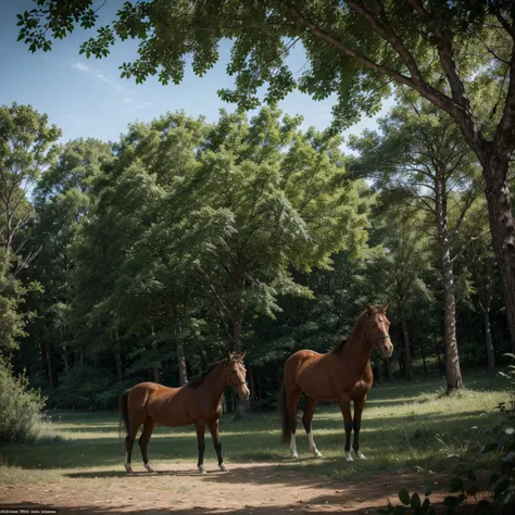 Create a painting of 2 helpless horses side by side standing in a campsite where there is vegetation and trees behind, Impeccable, genial, jamais visto, in UHD definition