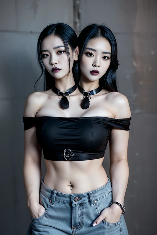 best resolution, 2 heads, korean girl with two heads, goth, hiking trail background, black hair, black eyeliner, black lipstick, 21 years old, youthful, fair skin, wearing a gothic dress, selfie shot