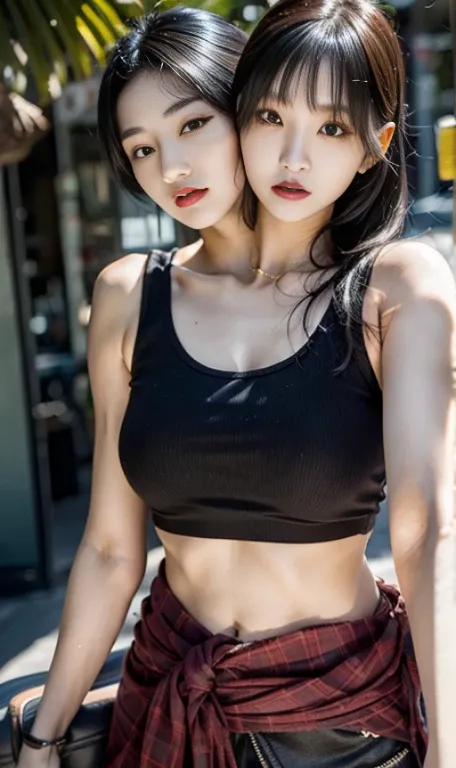 best resolution, 2 heads, korean girl with two heads, black hair, black eyeliner, black lipstick, 21 years old, youthful, fair skin, wearing a tank top, jacket tied around waist, selfie shot