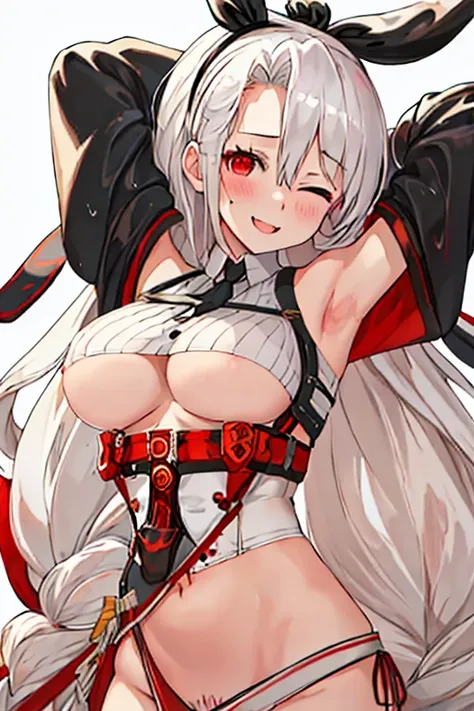 best quality, masterpiece, highres, solo, {prinz_heinrich_azurlane:1.15}, long_hair, red_eyes, breasts, white_hair, large_breasts, bangs, mole, mole_under_eye, open_mouth, smile, blush, very_long_hair, ((fully nudes body)), hairband, hair_ribbon, hair_betw...