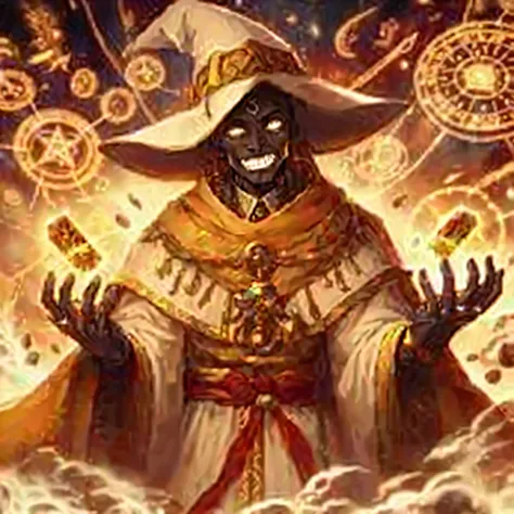 a photo of a man in a hat and cape with fire, Snoop Dogg como um Mago, holy fire spell art, Alquimista Steampunk Africano, spell casting wizard, com poderes de magia negra, holy flame spell, Meio invocador metade Megumin, sorcerer magic witch, black magic ...