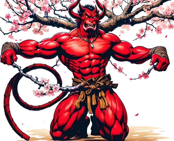 A red oni in a full-frontal pose, kneeling and held by the branches of a cherry blossom tree from its wrists and waist. The oni should have a muscular build and an aggressive demeanor, struggling to escape, similar to the pose of the man in the first image...