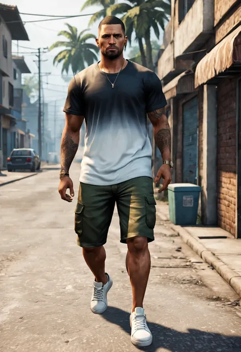 Homem branco, 27 anos, gradient haircut, musculoso, 85 kg, atletic, braba por fazer, sem camisa com bermuda florida , Black Cargo Shorts, colar de ouro, white sneakers, Handsome, 4k estilo gta v San Andreas