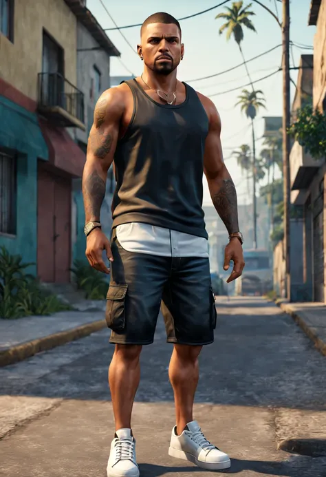 Homem branco, 27 anos, gradient haircut, musculoso, 85 kg, atletic, braba por fazer, sem camisa com bermuda florida , Black Cargo Shorts, colar de ouro, white sneakers, Handsome, 4k estilo gta v San Andreas