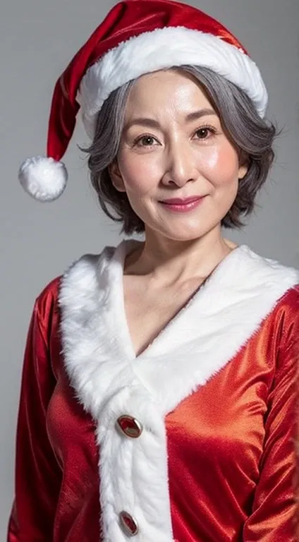 Single-color background, gravure, from the chest up, masutepiece, Best Quality, Ultra-detailed, Photorealistic, super detailed skin, Perfect Anatomy, (1 japanese mature woman), (Solo), 90 years old, Christmas、Christmas tree、(((Santa Claus Costume))), Eroti...