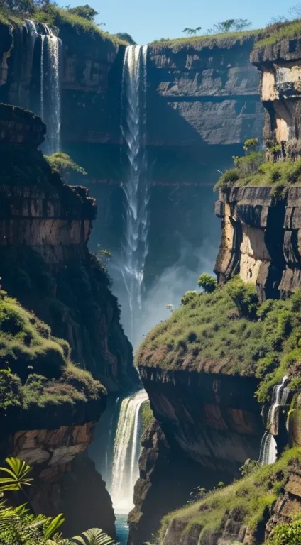 a real photograph of a beautiful morning, at 9 am, on the edge of a waterfall.  Na chapada dos veadeiros, no interior do Brasil.  observando a natureza ao redor.  well-lit forum.  HDR.  8k UHD