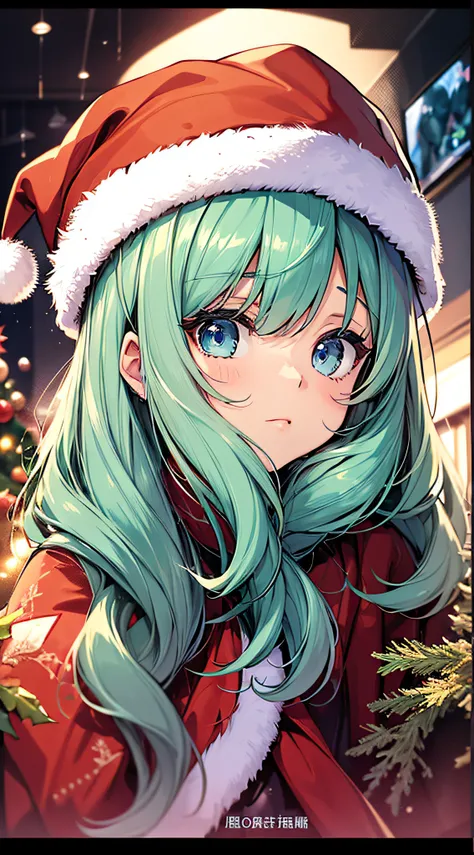 top-quality、Top image quality、​masterpiece、teens girl((Christmas、Santas Hat、18year old、 Ager、Best Bust、big bast,Beautiful wide open light blue eyerest, a blond、A slender,Large valleys、dye ones cheeks red、Reflecting the whole body、Laugh、holding a white chri...