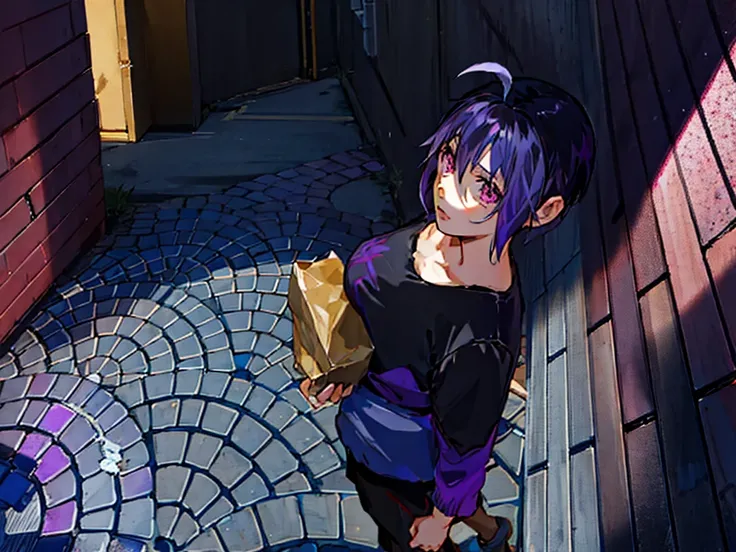 Anime girl with black hair and purple eyes, Standing in a back alley, Shorthair, Holding a paper bag, grimdark 2d anime style,