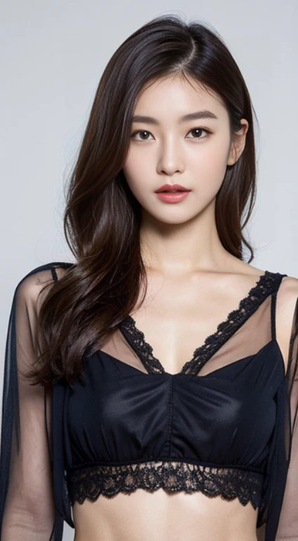 A woman with the same face as last time，Slender Abs、Loose wavy styling、Chiffon Blouse、Beautifully expressed in every detail., Including face and skin texture.，Detailed eyes，Seducting look、full body Esbian