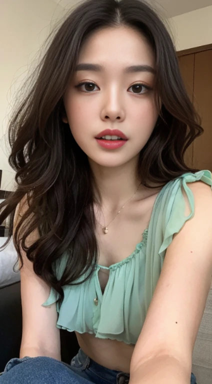 A woman with the same face as last time，Slender Abs、Loose wavy styling、Chiffon Blouse、Beautifully expressed in every detail., Including face and skin texture.，Detailed eyes，Seducting look、full body Esbian