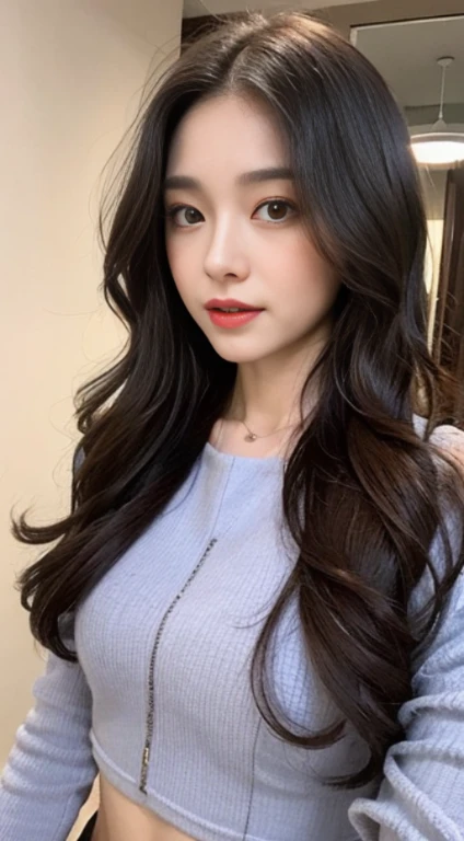 A woman with the same face as last time，Slender Abs、Loose wavy styling、Chiffon Blouse、Beautifully expressed in every detail., Including face and skin texture.，Detailed eyes，Seducting look、full body Esbian