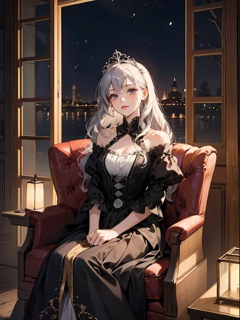 「winter night、Please draw a scene where a beautiful young vampire girl is hibernating in a room in the tower of an old castle.。The girl is about 7 years old、She wears a long gothic style dress in silver and deep purple.。is made of silk and satin material、F...