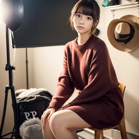 An ultra-high picture quality、Perfect Photo、japanes、a beauty girl、15yo student、Sareme、dressing room、Photography Studio、Serious look、a short bob、